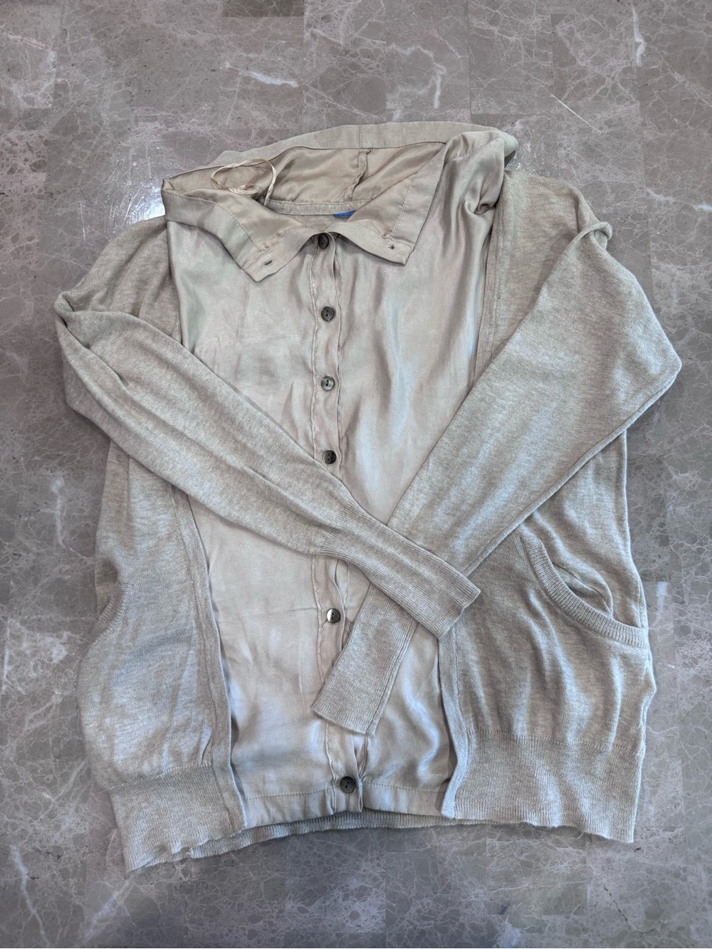 Simply Vera Vera Wang Mixed Media Hooded Cardigan XS – Beige Silk Front